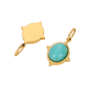 Detailed front and back views of an oval turquoise stone pendant in a gold metal frame
