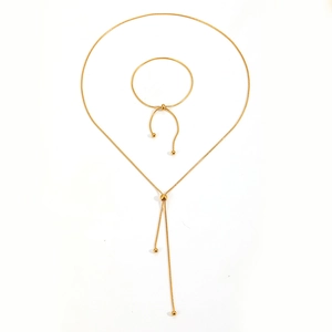 Elegant 18k gold plated snake chain necklace and bracelet set with ball tassels