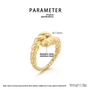 Detail view of 13mm wide 18K gold plated stainless steel twisted ring with 9g weight