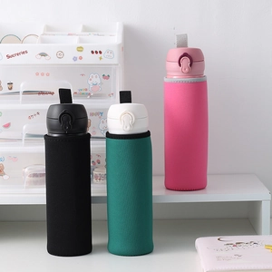 Three colorful insulated fabric sleeves with handles for water bottles and flasks