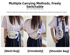 Three ways to wear the white canvas fanny pack with blue strap and trendy badges