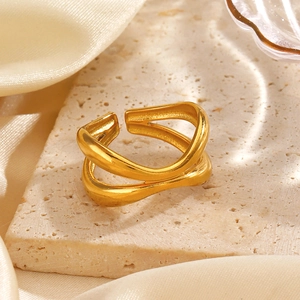 Anello In Acciaio Inossidabile Doppio Strato Croce Onda Linea Regolabile Aperto Geometrico Irregolare Gioielli Minimalisti Donna