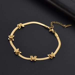 Gold stainless steel snake chain bracelet featuring five frosted butterfly charms