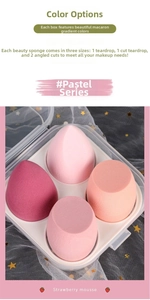 Detail of pink makeup sponge set featuring teardrop and slanted shapes in a clear storage box