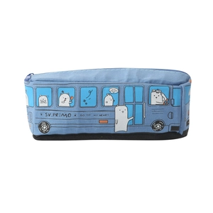 Blue canvas pencil case in cartoon bus shape with large capacity for student stationery