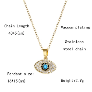 Gold stainless steel evil eye necklace with turquoise stone and zircon on white background