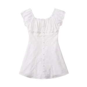 Short white lace mini dress with puff sleeves and floral embroidery detailing