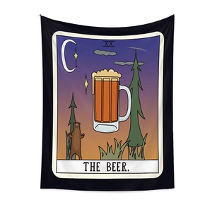 Detail of bohemian beer tarot tapestry with bear illustration and sunset gradient colors
