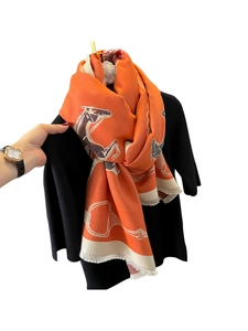 Orange knight horse scarf for women, thick double-sided long shawl with elegant fringe