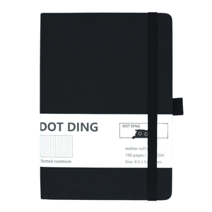 A5 black soft leather dotted notebook with 160 pages, elastic closure and pen loop