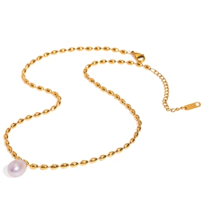 Collier en acier inoxydable plaqué or 18 carats avec chaîne ovale et pendentif perle