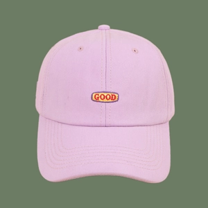 Detail of lavender cotton baseball cap with GOOD embroidery patch and stitched panels