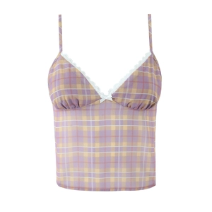 Sexy purple and yellow plaid camisole top with lace trim and bow on white background