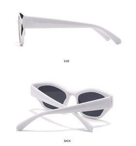 Side and back view of white geometric cat eye sunglasses with modern angular temples