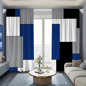 Detail of geometric pattern polyester curtains in blue, grey, and white with elegant wavy edges
