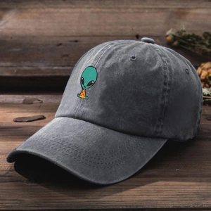 Vintage washed grey baseball cap with embroidered green alien head logo on the front