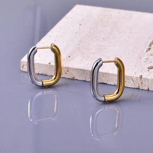 Modern U-shaped stainless steel earrings with two-tone gold and silver polished finish