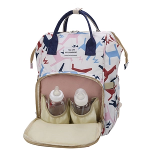 Fashionable floral diaper backpack with insulated front pockets and geometric horse pattern