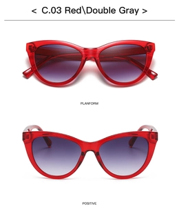 Detailed views of red cat-eye sunglasses with gradient lenses showing top and front angles