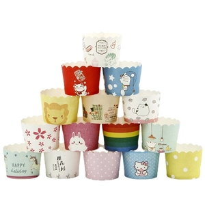 Stack of assorted heat-resistant muffin liners with colorful cartoon patterns and motifs
