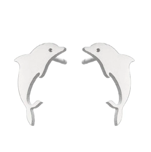 Detailed close-up of small silver dolphin stud earrings made of high-quality stainless steel
