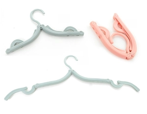 Three folding modes of the portable travel clothes hanger in mint green and pink