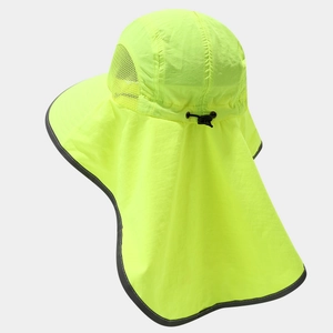 Rear view of high-visibility yellow sun hat with long neck flap and breathable mesh