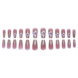 Coffret de faux ongles longs ballerine rose violet avec fleurs et paillettes dorées