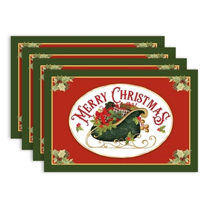 Set of 4 Christmas placemats with sled and gift design in classic red and green colors