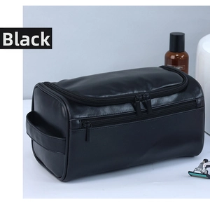 Beauty case nero in pelle PU ad alta capacità con doppia cerniera e maniglia da viaggio