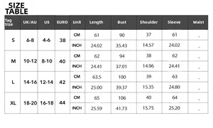 Detailed size chart for women's V-neck long sleeve knit top with UK, US, and EU measurements