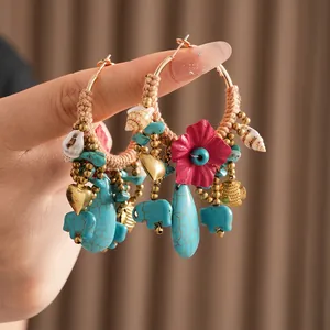 Bohemian large hoop earrings with woven rope tassel and turquoise elephant charms