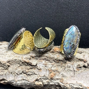Bohemian gold wide band ring with labradorite stone and pavé accents in adjustable size