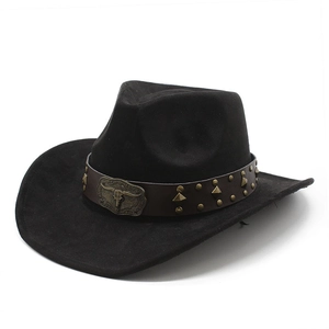 Faux suede western cowboy hat with studded leather band and vintage bull skull emblem