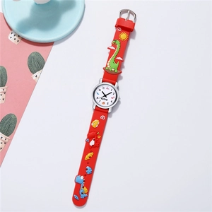 Kids dinosaur quartz watch with red 3D silicone strap and rainbow dial patterns