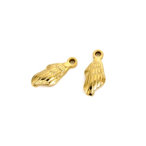 Macro detail of golden feather wing pendants with polished finish and top hanging loops