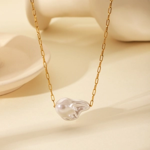 18K gold plated stainless steel cross chain necklace with a baroque pearl pendant for women
