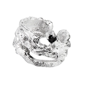 S925 sterling silver hollow ear cuff with irregular texture and black gemstone