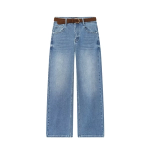 High Waisted Cropped Jeans Washed Blue Denim Straight Leg Trousers With Brown Belt Vintage Casual Fashion Women