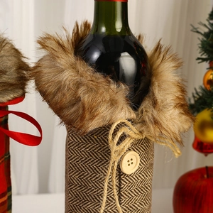 Brown herringbone Christmas wine bottle cover with faux fur collar and wood buttons
