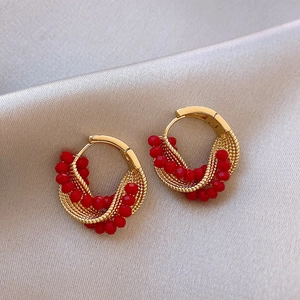 Red Crystal Beaded Gold Hoop Earrings Twisted Metal Wire C-Shaped Vintage Elegant Accessory For Women