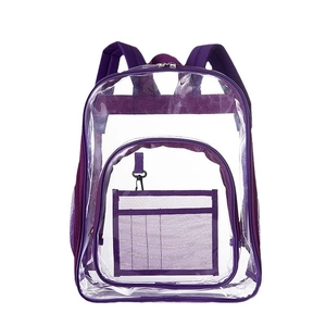 Transparent PVC backpack with purple nylon trim and multiple storage compartments