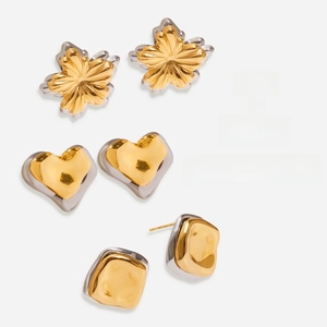 Boucles d'Oreilles Clous Minimalistes en Acier Inoxydable Bicolore Or Argent Géométriques Carré Fleur Cœur Femme