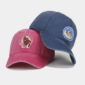 Vintage washed cotton baseball caps in rose red and navy blue with bear embroidery