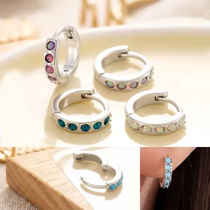 Huggie Hoop Earrings Copper Inlaid Round Synthetic Opal Minimalist Jewelry For Women Small Dainty Colorful Ear Cuff