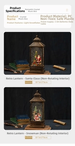 Close-up of vintage lantern music box with Santa and snowman inside, auto-snow and lights