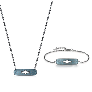 S925 sterling silver black necklace and bracelet set with star-engraved blue stones