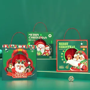 Christmas Gift Box With Handle And Window Cardboard Candy Packaging Case Santa Reindeer Snowman Pattern For Holiday
