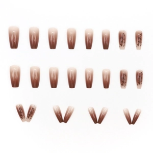 24pcs long coffin press-on nails with caramel brown gradient and black leaf designs