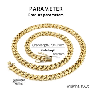 Detailed view of 11mm wide golden Cuban chain necklace with rhinestones and stainless steel